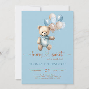 Invitation Béaire Bleu Sweet Boy 1er Anniversaire Teddy Bear 