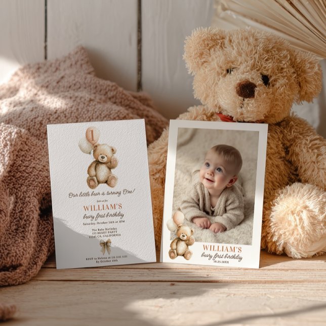 Invitation Béaire mignonne 1er Anniversaire Ours en peluche P (Cute Beary 1st Birthday Teddy Bear Photo Balloons Invitation)