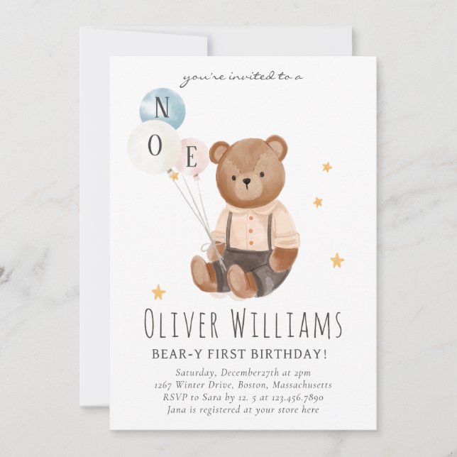 Invitation bear 1st birthday blue balloon (Devant)