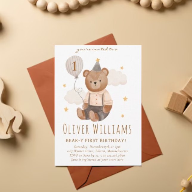Invitation bear 1st birthday blue balloon (Créateur téléchargé)