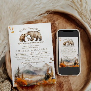 Invitation Bear Adventure Fall Mountain Neutral Baby shower