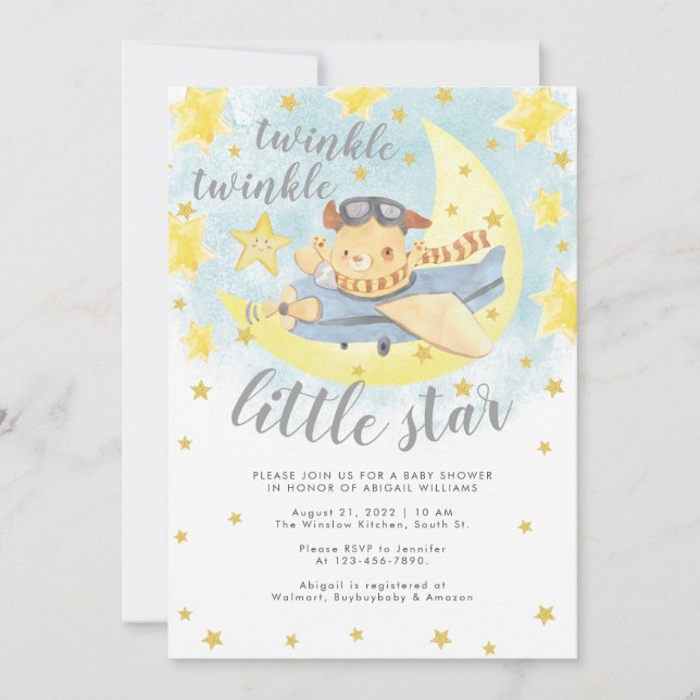 Invitation Bear Airplane Gold Twinkle Baby shower Little Star (Devant)