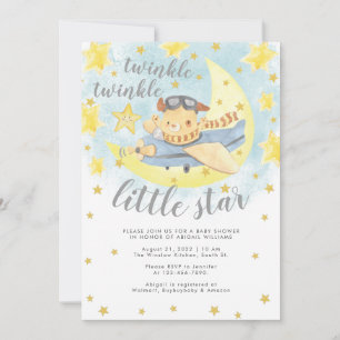 Invitation Bear Airplane Gold Twinkle Baby shower Little Star