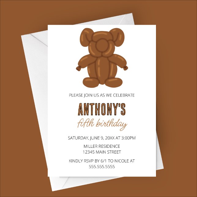 Invitation Bear Balloon animal fête d'anniversaire (Brown Bear Balloon Animal Birthday Party Invitation)