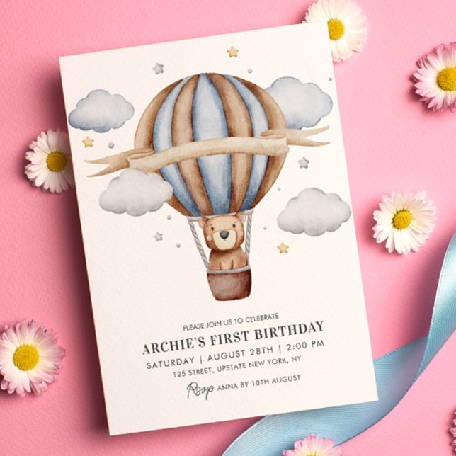Invitation Bear Balloon Aquarelle Garçons 1er Anniversaire mi (Bear Hot Air Balloon 1st Birthday Invitation Template Modern Cute Kids Invite)