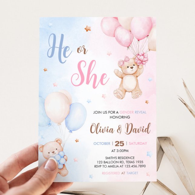 Invitation Bear Balloon Gender Reveal  (Bear Balloon He or She Gender Reveal Invitation)