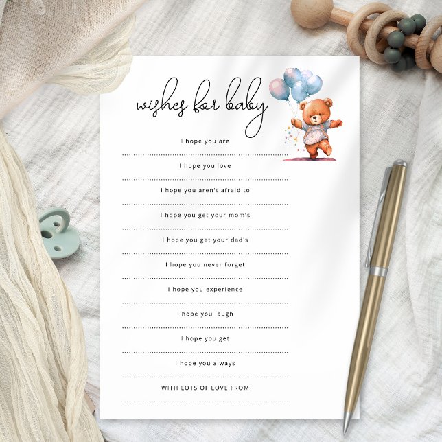 Invitation Bear Balloons Wings for Baby shower Game Card (available as a printable digital download or printed)