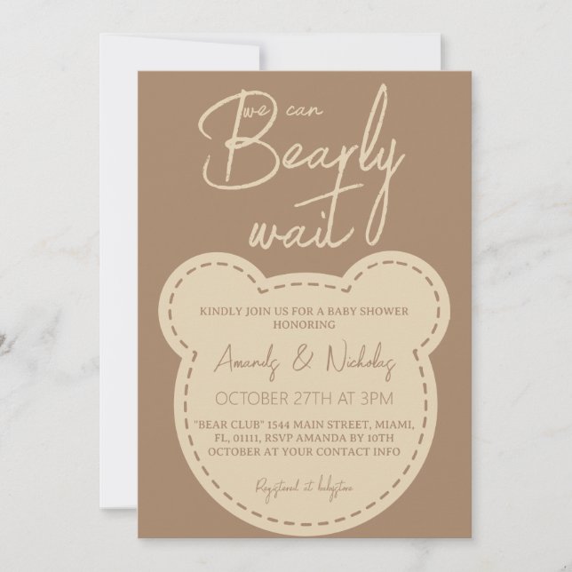 Invitation Bear Bearly Wait Baby shower Brown ivoire moderne (Devant)