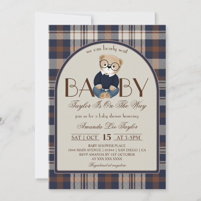 Invitation Bear Bearly Wait Luxury Boy Baby Shower (Devant)