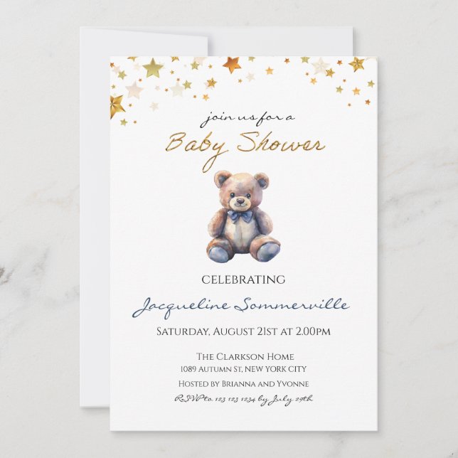 Invitation Bear Blue Bow Cravate Baby shower C'est un garçon (Devant)