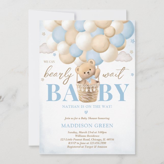 Invitation Bear Blue Hot Air Balloon Baby shower garçon (Devant)