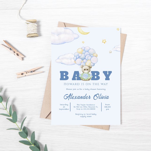 Invitation Bear Boho Blue Watercolor Baby shower (Créateur téléchargé)