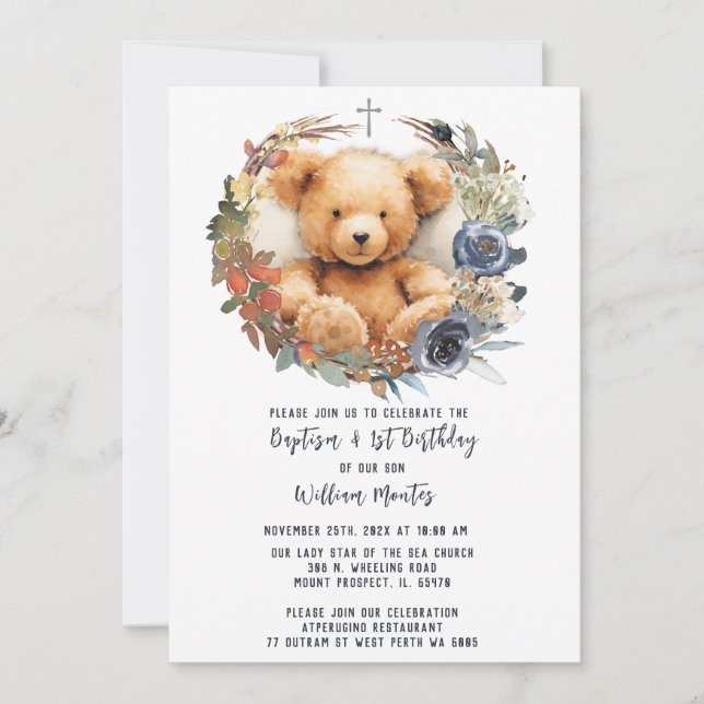 Invitation Bear Boy First Birthday and Baptism (Devant)