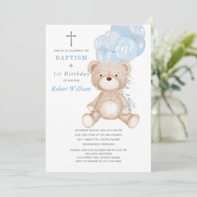 Invitation Bear Boy First Birthday and Baptism (Debout devant)