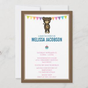 Invitation Bear Brown mignonne tenant un Baby shower de fleur
