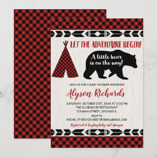 Invitation Bear buffalo plaid bûcheron garçon baby shower