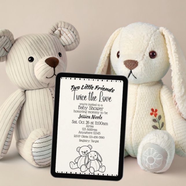 Invitation Bear & Bunny Stuffies Twin Baby Shower (Créateur téléchargé)