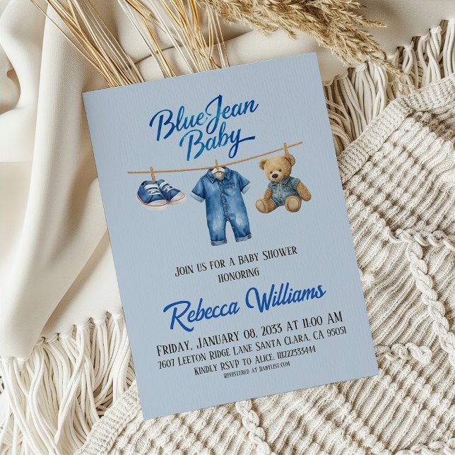 Invitation Bear Clothesline Blue Jean Baby Denim Baby shower (Créateur téléchargé)