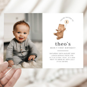 Invitation Bear Cream Balloon Photo 1er Anniversaire Invitati