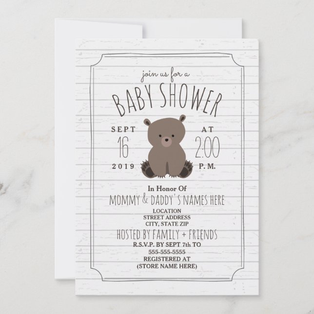 Invitation Bear Cub Baby shower en bois gris (Devant)