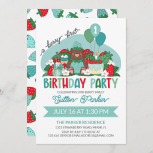 Invitation Bear Cub Bleu fraise Berry 1er anniversaire fête