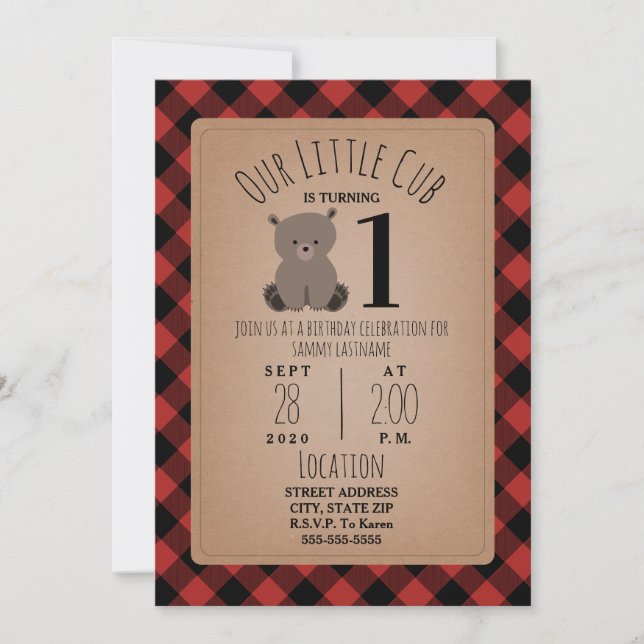 Invitation Bear Cub Lumberjack Plaid Anniversaire (Devant)