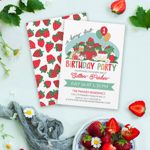 Invitation Bear Cub Red Strawberry Berry 1ère fête d'annivers