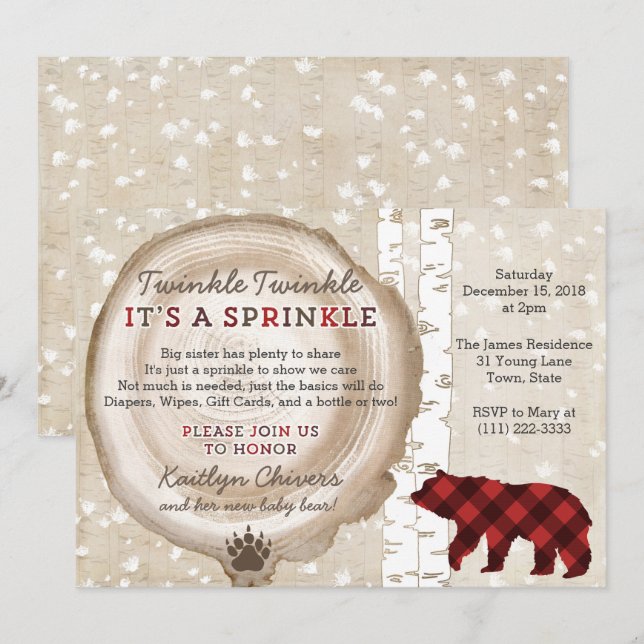 Invitation Bear Cub Winter Forest Baby Sprinky for Boy (Devant / Derrière)