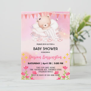 Invitation Bear Cute Flower ballon baby shower filles fête