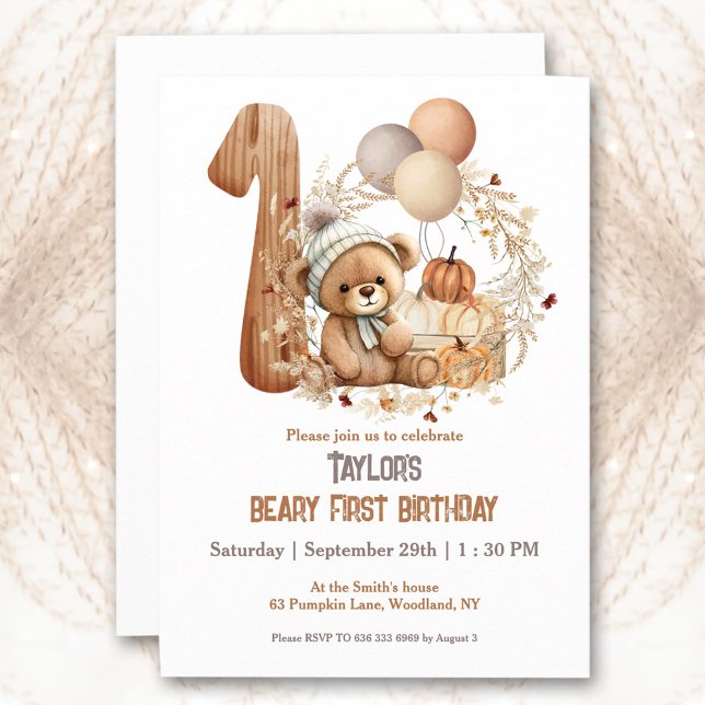 Invitation Bear de Bébé mignonne Beurre d'automne 1er anniver (Cute Baby Bear Fall Beary 1st Birthday Invitation)