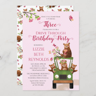 Invitation Bear Drive de miel mignonne Thru Girl 3e fête d'an