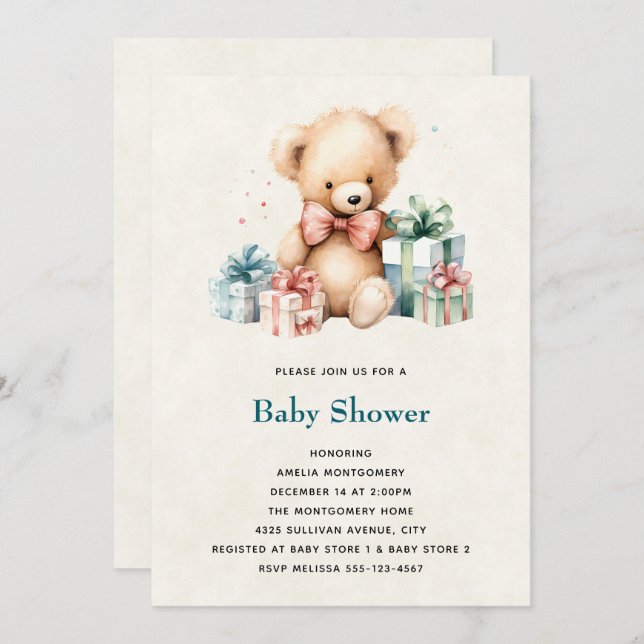 Invitation Bear en peluche mignonne avec Baby shower présent (Devant / Derrière)