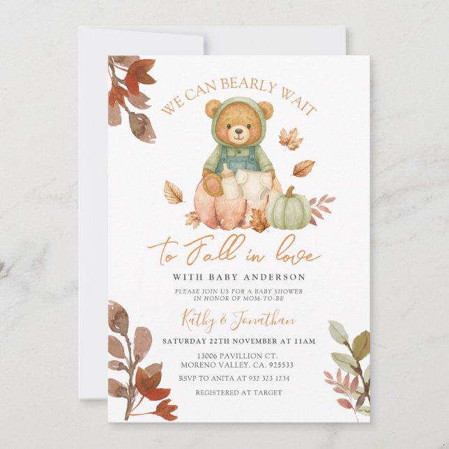 Invitation Bear Fall in Love Citrouille Baby shower de boutei (Devant)