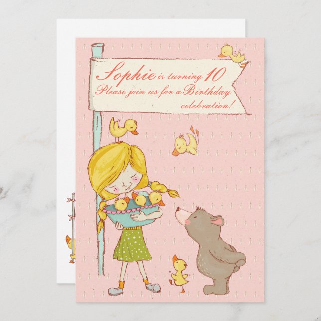 Invitation Bear Girl Ducklings Enfants Anniversaire Invitatio (Devant / Derrière)