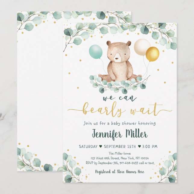 Invitation Bear Greenery Or Genre Baby shower neutre (Devant / Derrière)