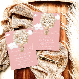 Invitation Bear Hot Air Balloon rose Fille Baby shower