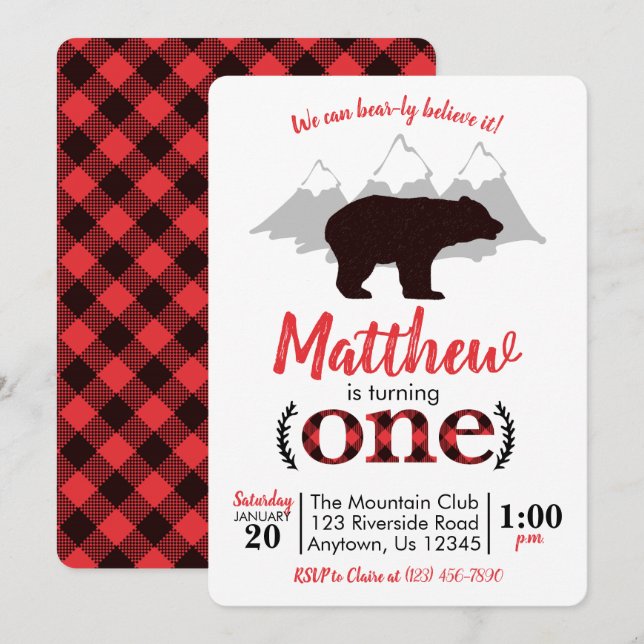 Invitation Bear Lumberjack Boy Premier anniversaire (Devant / Derrière)