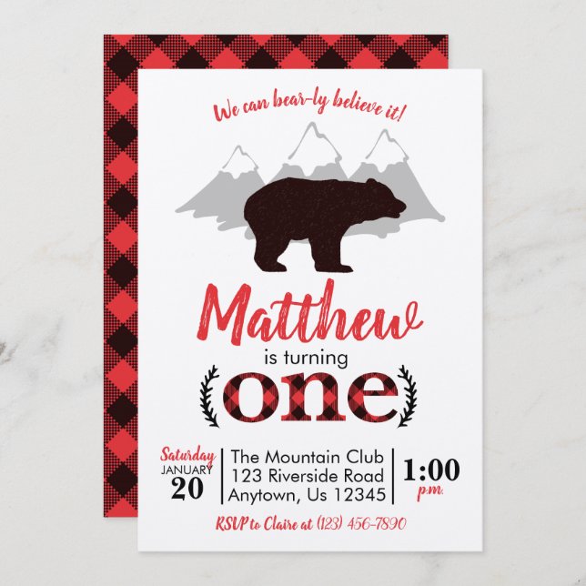 Invitation Bear Lumberjack Boy Premier anniversaire (Devant / Derrière)