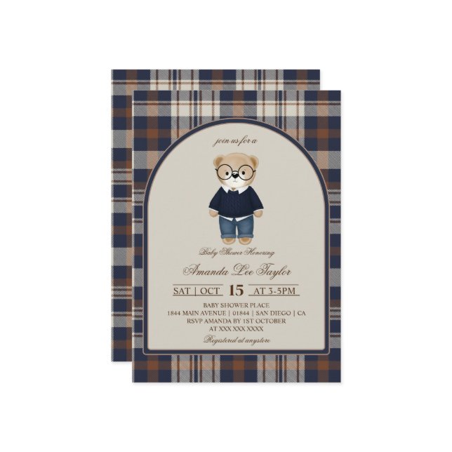 Invitation Bear Luxury Plaid Boy Baby Shower (Devant/Arrière en situation)