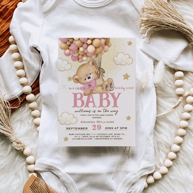 Invitation Bear Pink Balloons Bearly Wait Girl Baby shower (Créateur téléchargé)