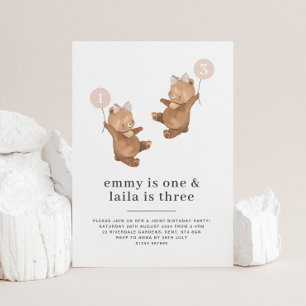 Invitation Bear Pink Bow - Joint 1er et 3e anniversaire