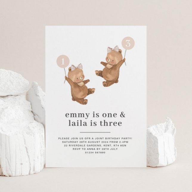 Invitation Bear Pink Bow - Joint 1er et 3e anniversaire (Bear Pink Bow - Joint 1st and 3rd Birthday Invitation)