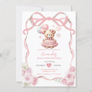 Invitation Bear Pink Bow Ribbon Premier anniversaire