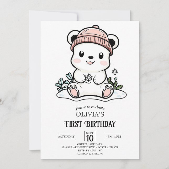 Invitation Bear Polaire simple mignonne 1er Anniversaire numé (Devant)