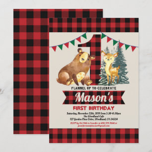 Invitation Bear premier anniversaire bison rouge flannelle bû