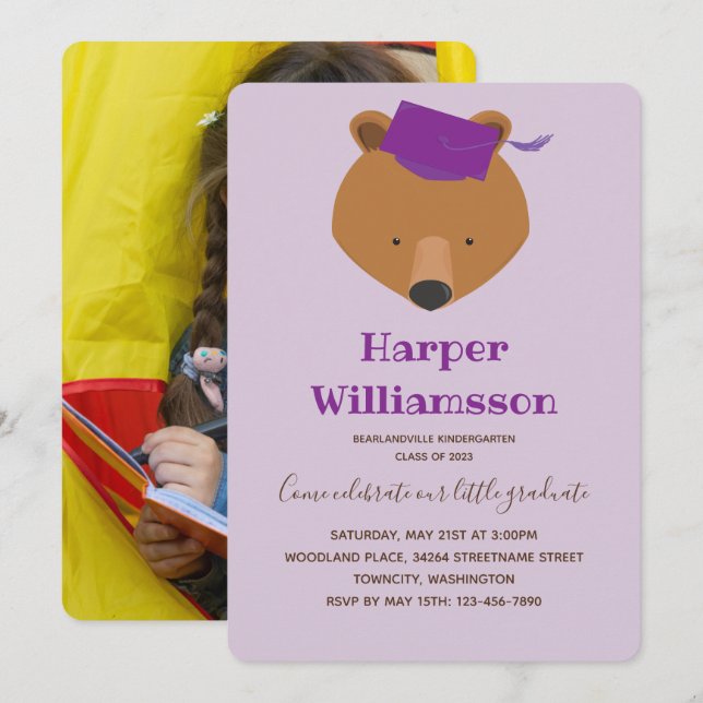 Invitation Bear Purple Photo Kindergarten Graduation (Devant / Derrière)