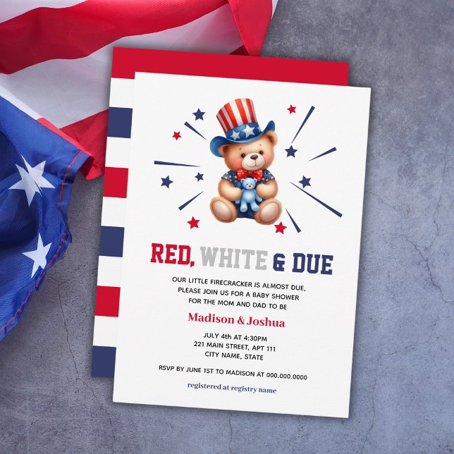 Invitation Bear Red White Due Boy Baby shower 4 juillet (Bear Red White Due Boy Baby Shower 4th Of July Invitation
)