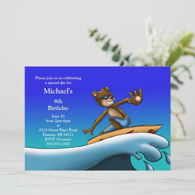 Invitation Bear Surfer fête d'anniversaire (Debout devant)