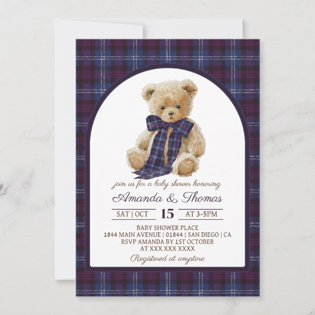 Invitation Bear Tartan Gender Neutral Baby Shower (Devant)