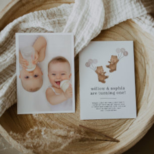 Invitation Bear Twin Girls Photo Joint 1er anniversaire Invit